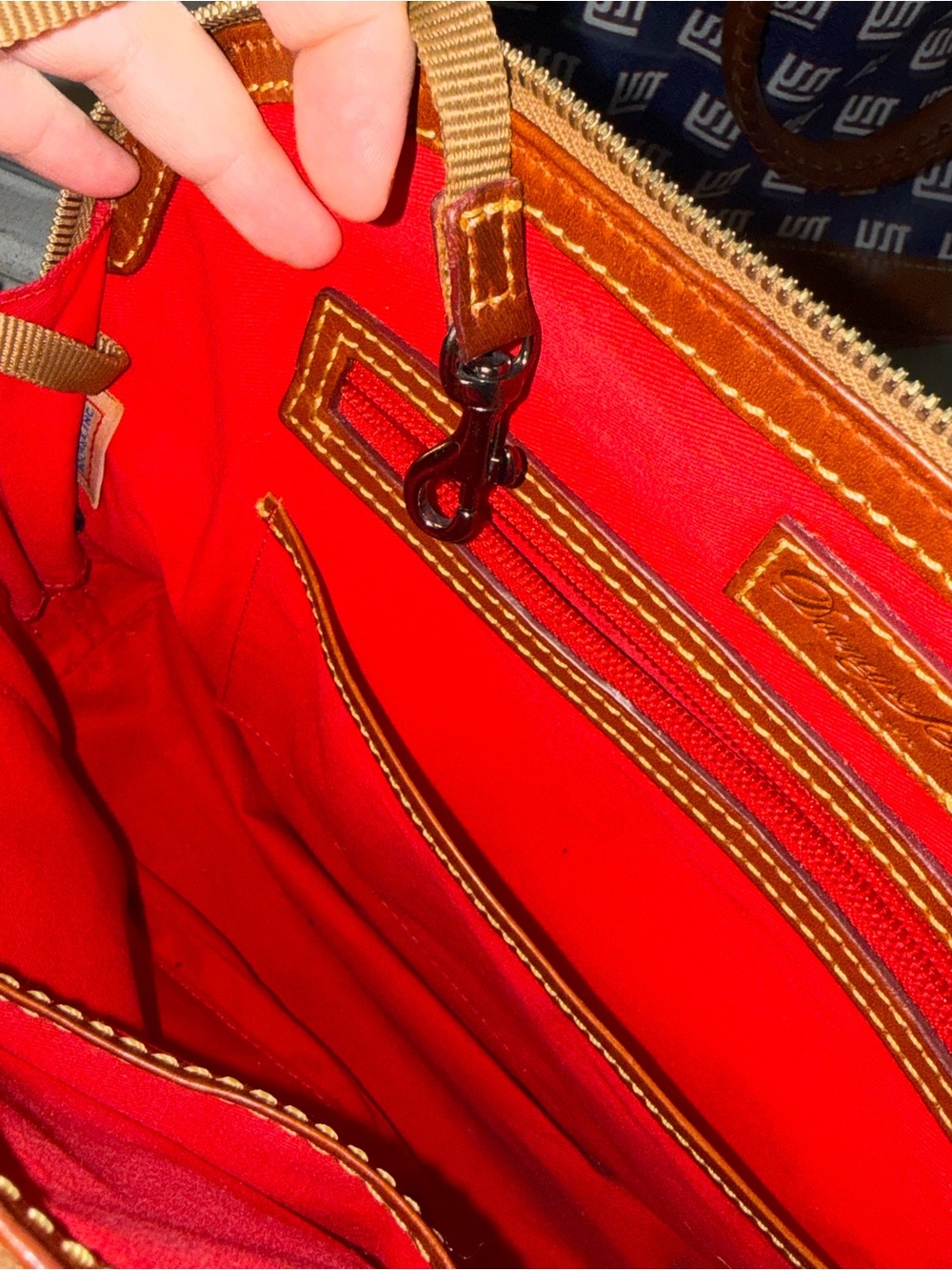 Dooney & Bourke Navy NY Giants Logo Satchel with Brown Trim and Red Interior - Picture 12 of 14